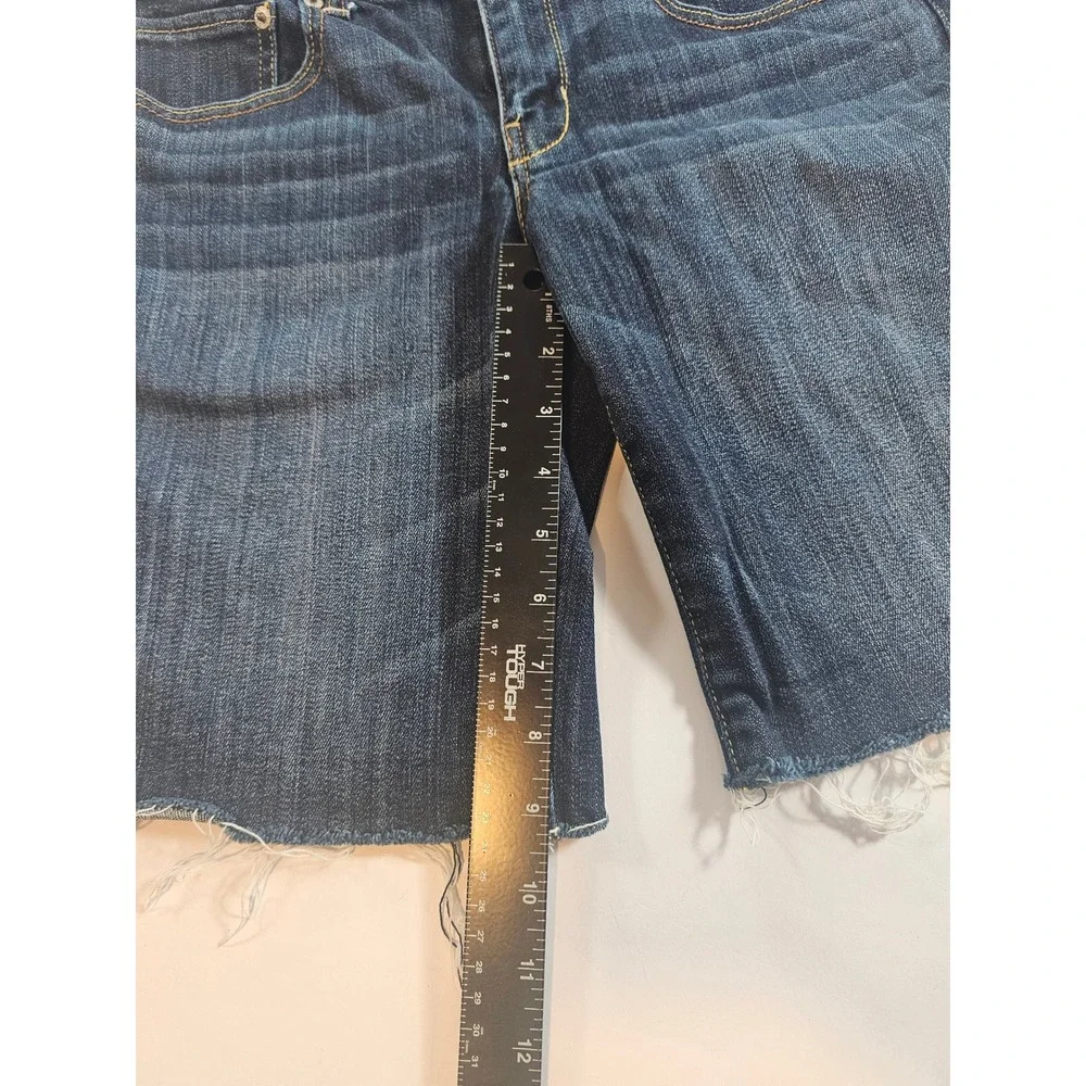 American Eagle Long Denim Shorts Women 12 Dark Wash‎ Raw Hem Stretch
